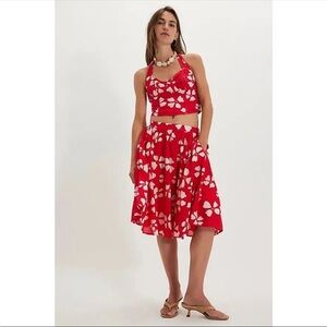Free People $148 NWOT Red and White Floral Skirt Set
